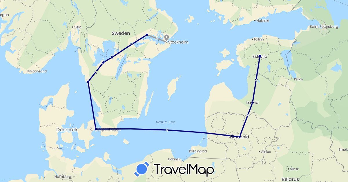 TravelMap itinerary: driving, plane in Denmark, Estonia, Sweden (Europe)
